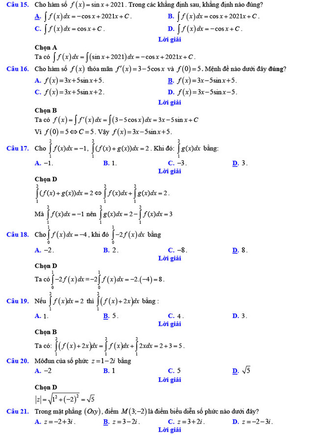 Đáp án đề thi thử THPT Quốc gia 2022 môn Toán Đề số 2