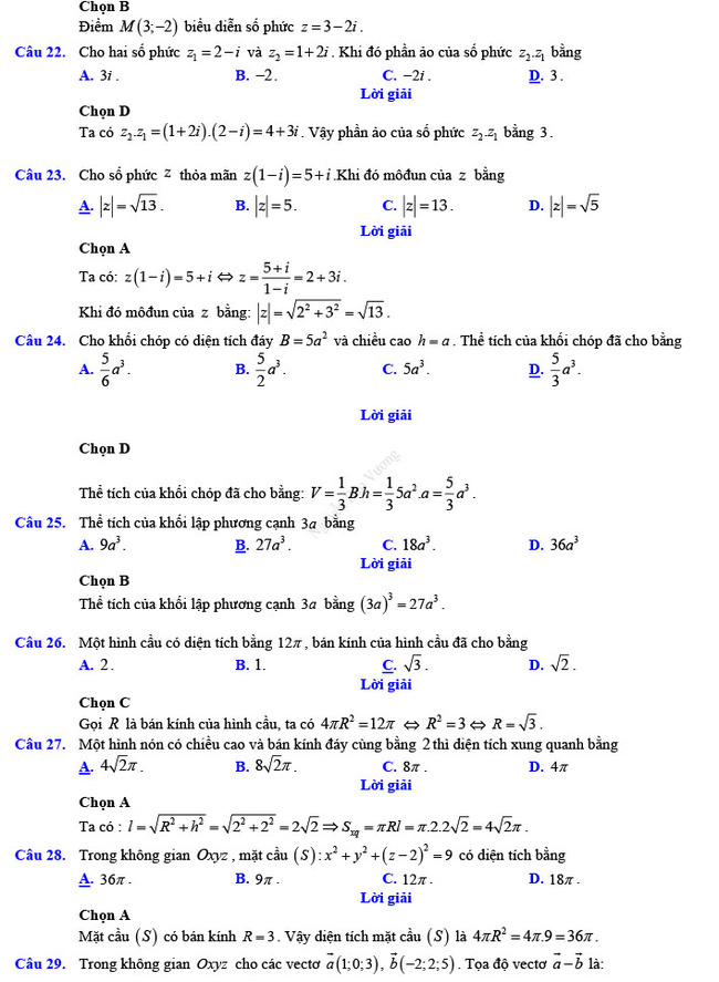 Đáp án đề thi thử THPT Quốc gia 2022 môn Toán Đề số 2