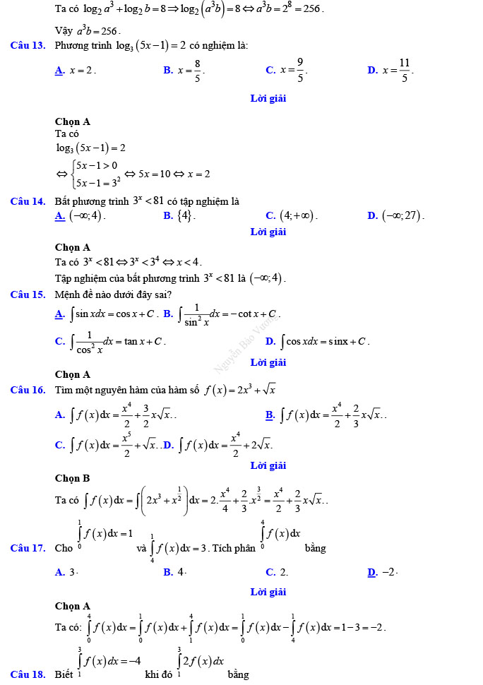 Đáp án đề thi thử THPT Quốc gia 2022 môn Toán Đề số 4