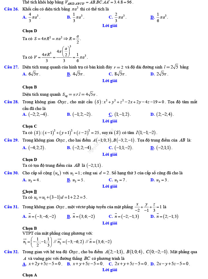 Đáp án đề thi thử THPT Quốc gia 2022 môn Toán Đề số 4