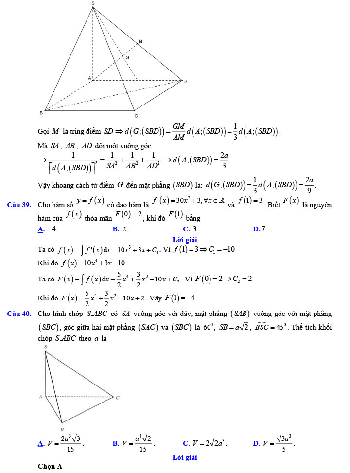 Đáp án đề thi thử THPT Quốc gia 2022 môn Toán Đề số 4