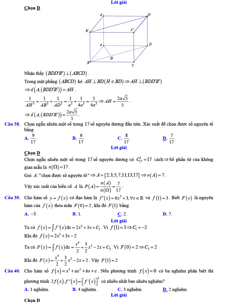Đáp án đề thi thử THPT Quốc gia 2022 môn Toán Đề số 5