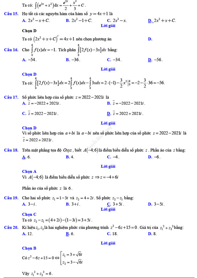 Đáp án đề thi thử THPT Quốc gia 2022 môn Toán Đề số 1