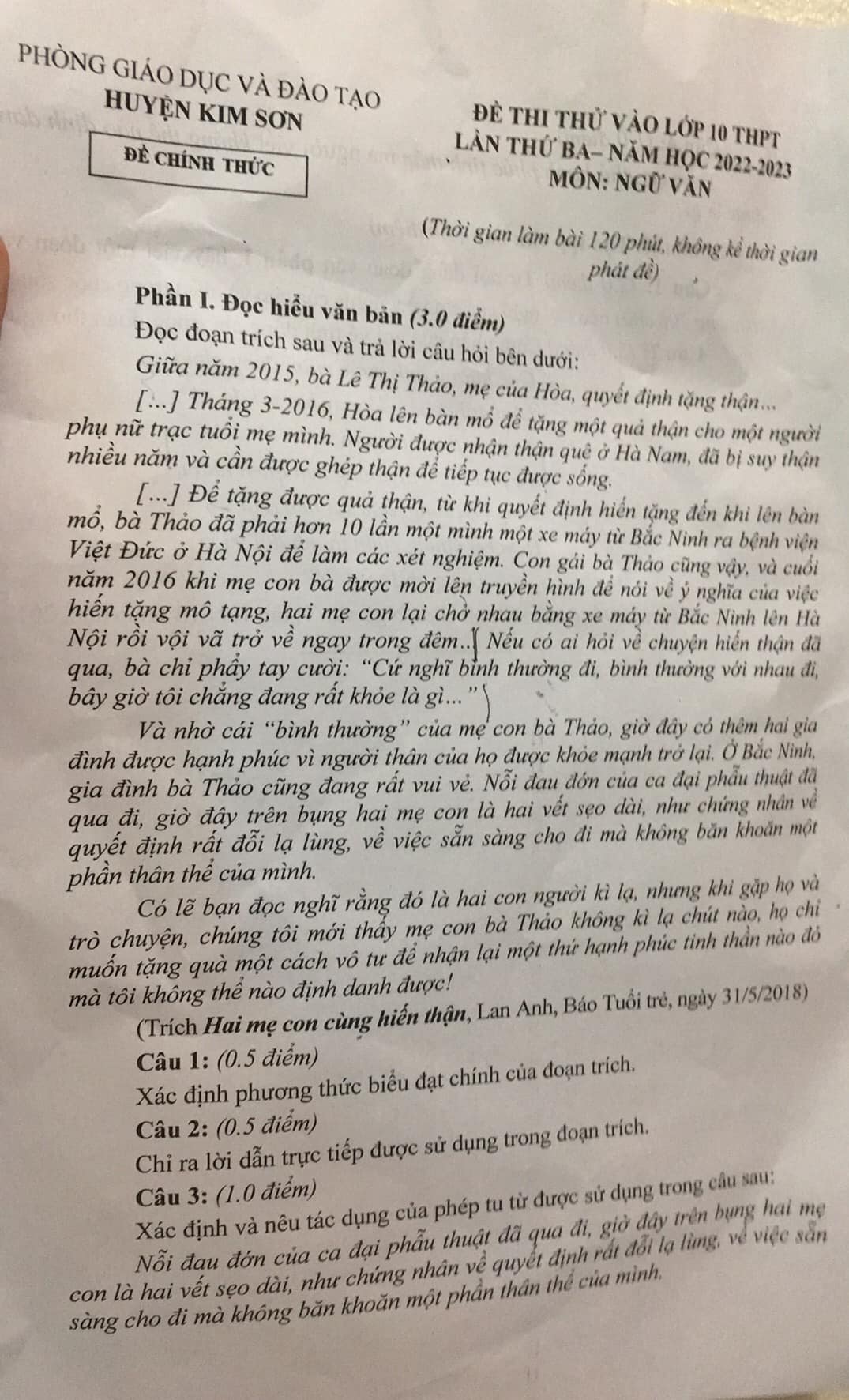 Đề thi thử môn Văn vào lớp 10