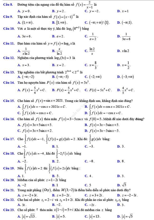 Đề thi thử THPT Quốc gia 2022 môn Toán Đề số 2