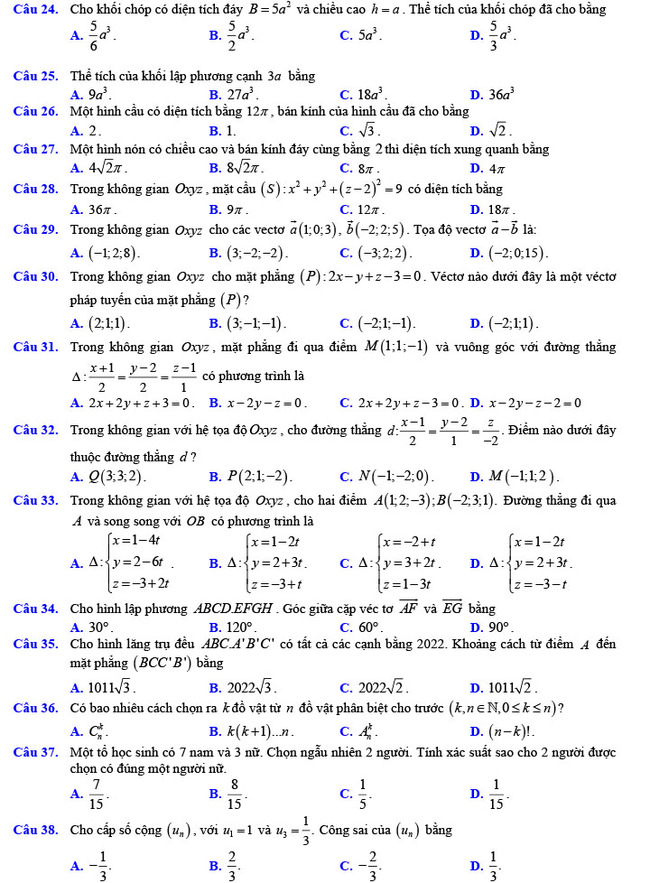 Đề thi thử THPT Quốc gia 2022 môn Toán Đề số 2