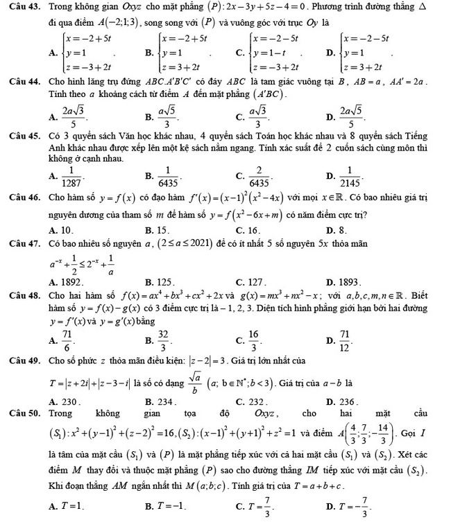 Đề thi thử THPT Quốc gia 2022 môn Toán Đề số 3