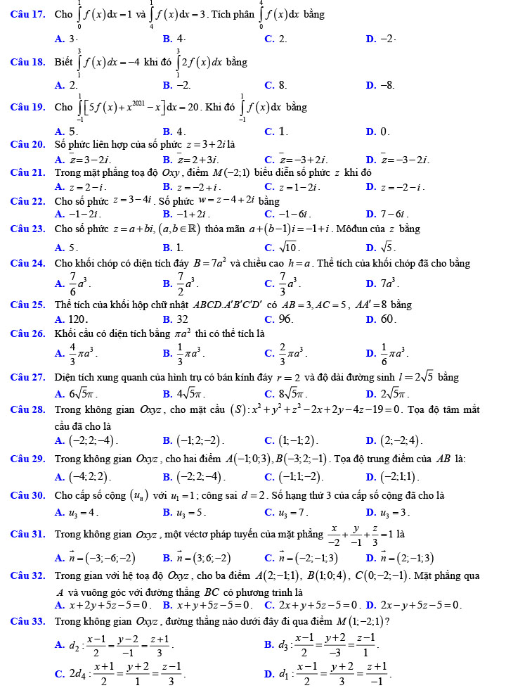 Đề thi thử THPT Quốc gia 2022 môn Toán Đề số 4