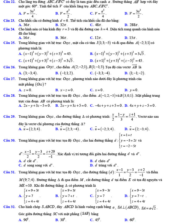 Đề thi thử THPT Quốc gia 2022 môn Toán Đề số 1