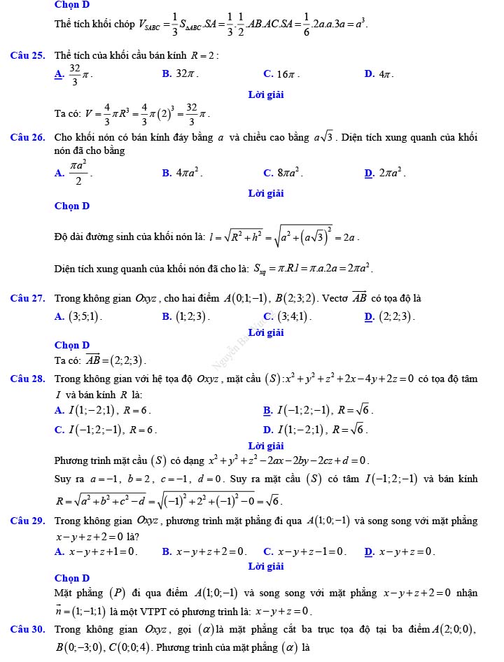 Đáp án đề thi thử THPT Quốc gia 2022 môn Toán Đề số 10