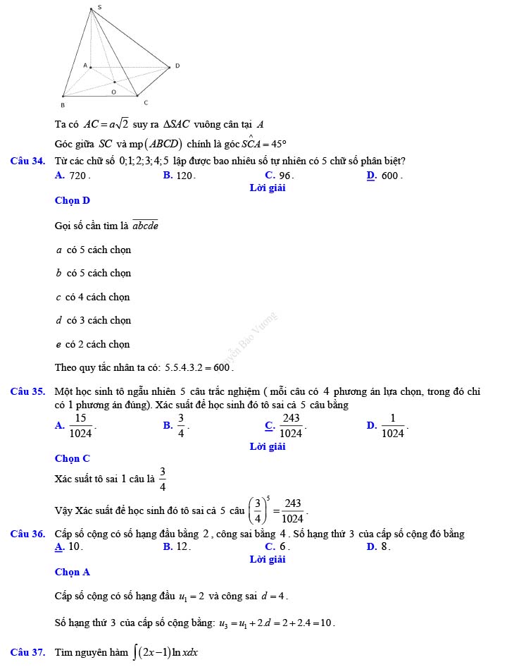 Đáp án đề thi thử THPT Quốc gia 2022 môn Toán Đề số 10