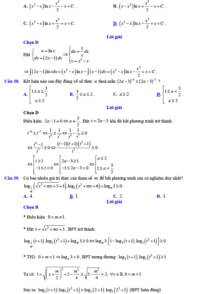 Đáp án đề thi thử THPT Quốc gia 2022 môn Toán Đề số 10