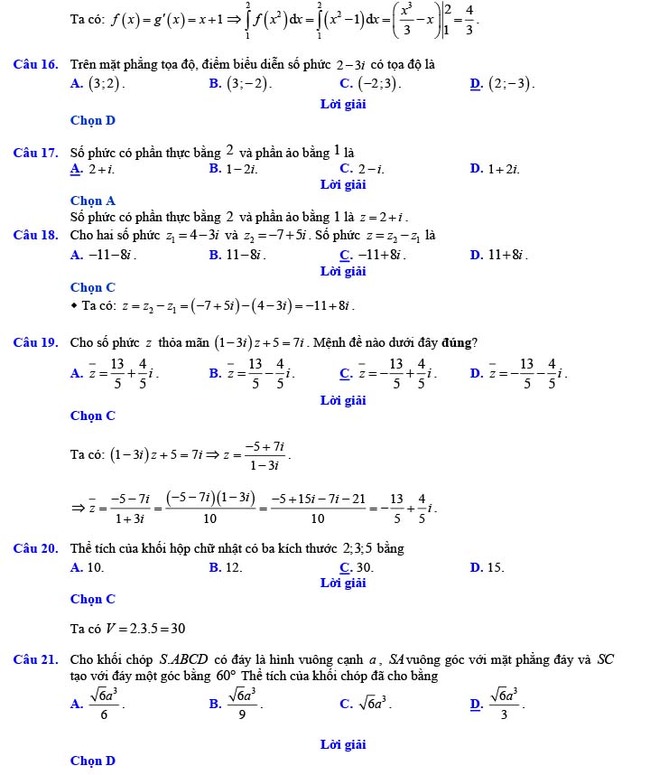 Đáp án đề thi thử THPT Quốc gia 2022 môn Toán Đề số 11
