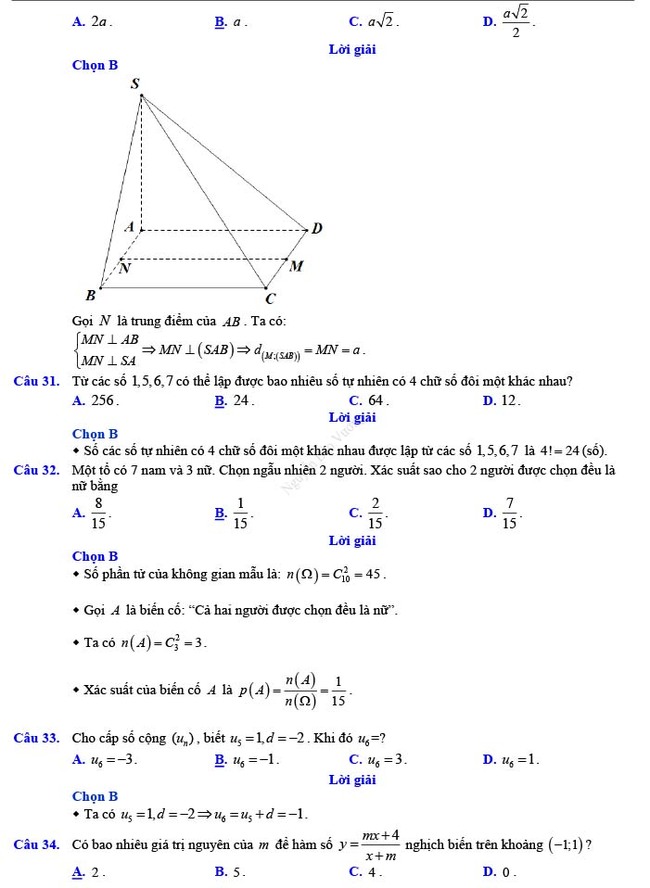 Đáp án đề thi thử THPT Quốc gia 2022 môn Toán Đề số 11