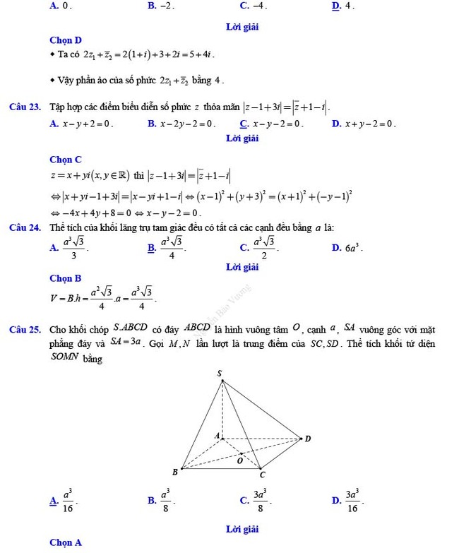 Đáp án đề thi thử THPT Quốc gia 2022 môn Toán Đề số 12