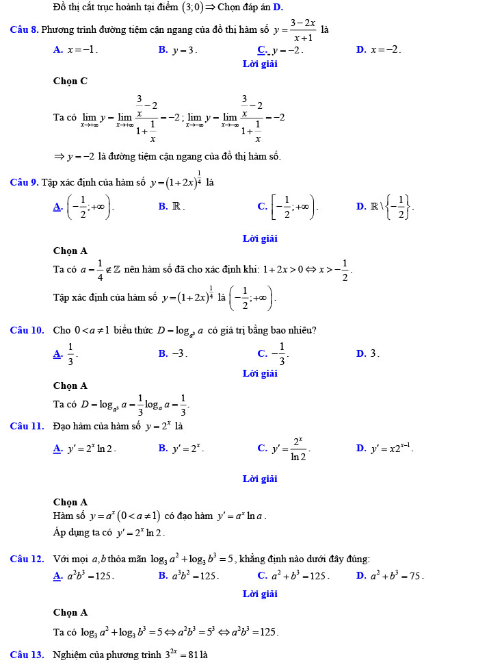 Đáp án đề thi thử THPT Quốc gia 2022 môn Toán Đề số 7