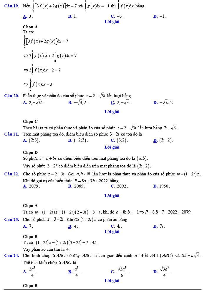 Đáp án đề thi thử THPT Quốc gia 2022 môn Toán Đề số 7