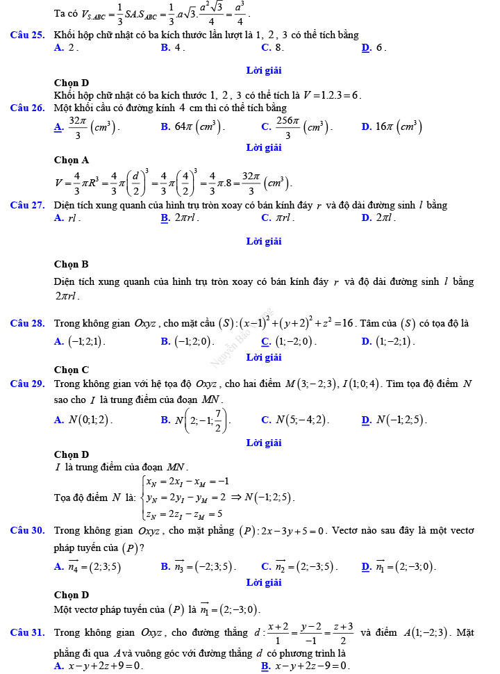 Đáp án đề thi thử THPT Quốc gia 2022 môn Toán Đề số 7