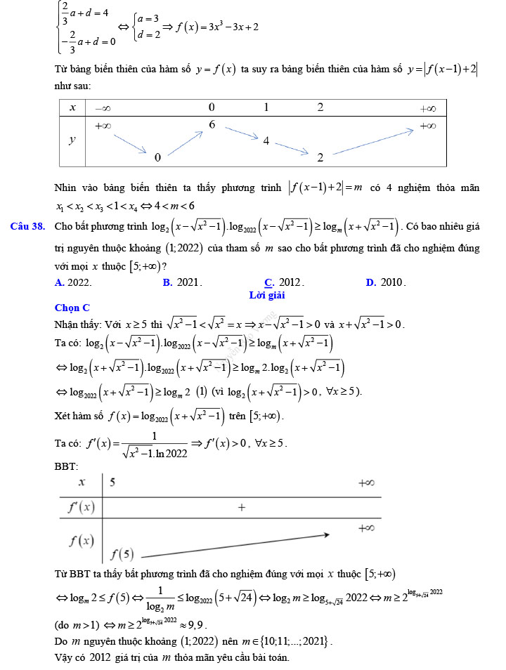 Đáp án đề thi thử THPT Quốc gia 2022 môn Toán Đề số 9