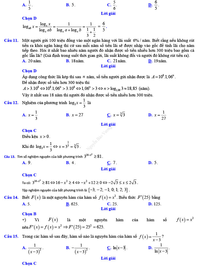 Đáp án đề thi thử THPT Quốc gia 2022 môn Toán Đề số 9