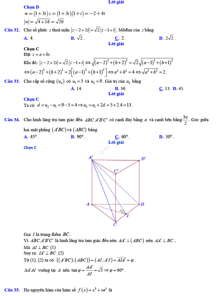 Đáp án đề thi thử THPT Quốc gia 2022 môn Toán Đề số 9