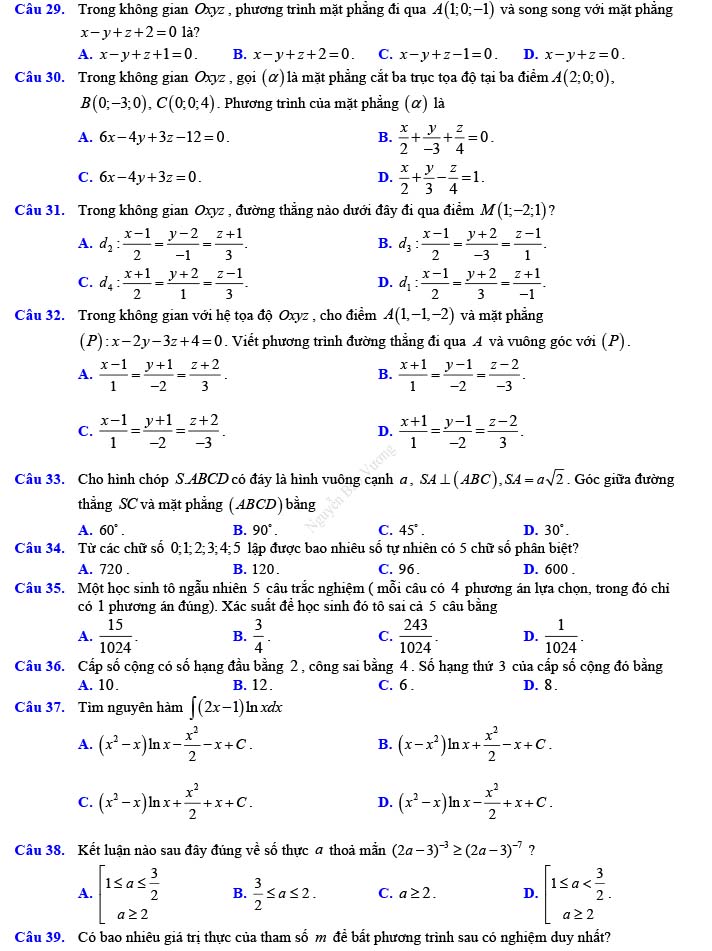 Đề thi thử THPT Quốc gia 2022 môn Toán Đề số 10