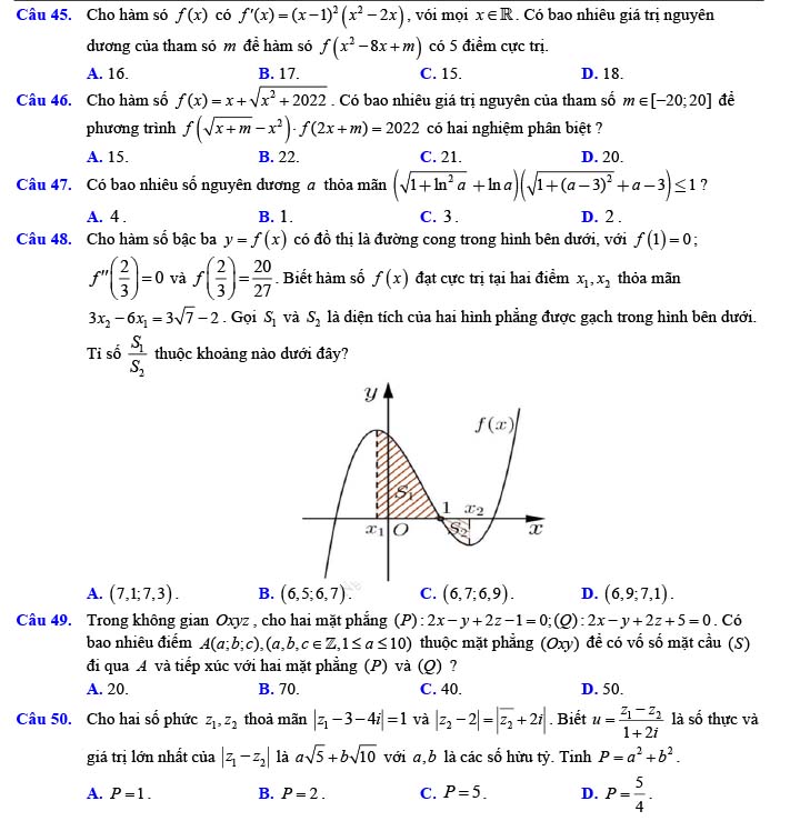 Đề thi thử THPT Quốc gia 2022 môn Toán Đề số 10