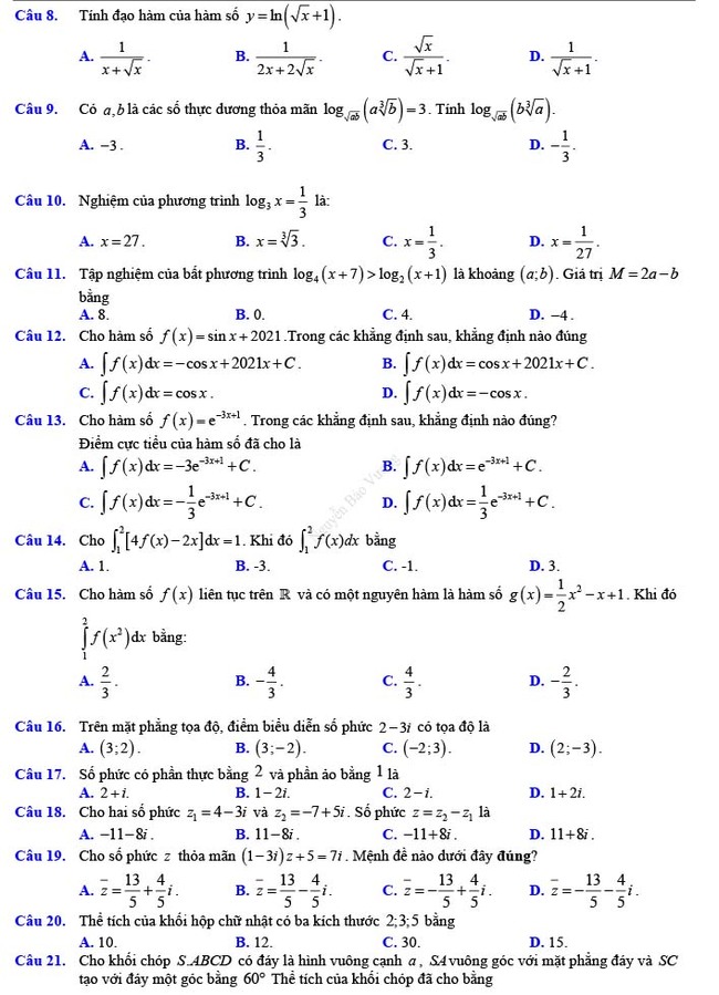 Đề thi thử THPT Quốc gia 2022 môn Toán Đề số 11