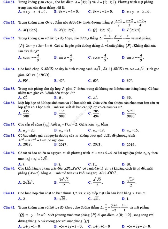 Đề thi thử THPT Quốc gia 2022 môn Toán Đề số 12