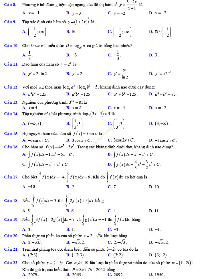 Đề thi thử THPT Quốc gia 2022 môn Toán Đề số 7