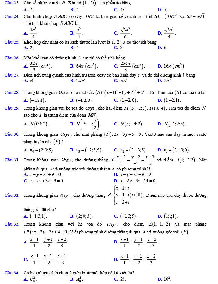 Đề thi thử THPT Quốc gia 2022 môn Toán Đề số 7
