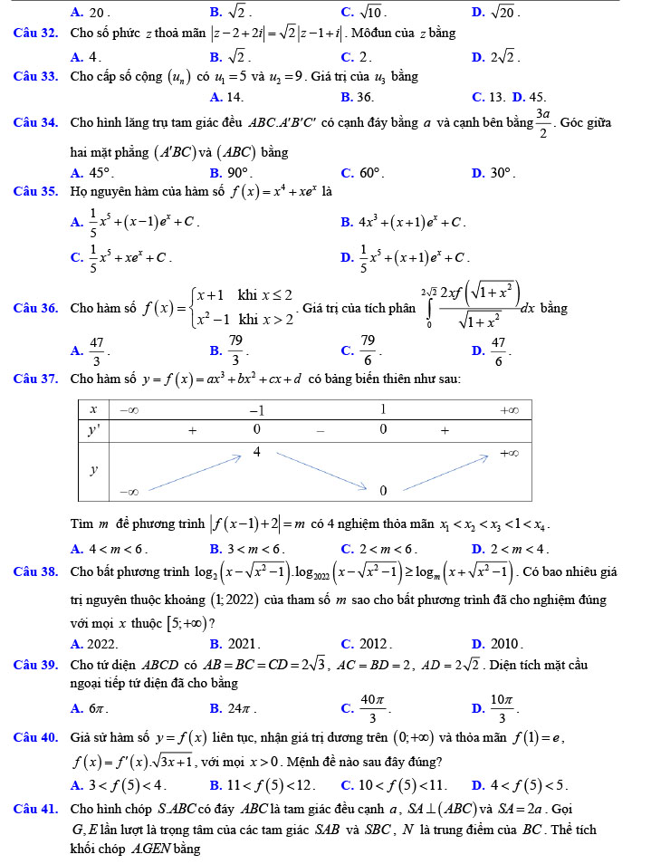 Đề thi thử THPT Quốc gia 2022 môn Toán Đề số 9