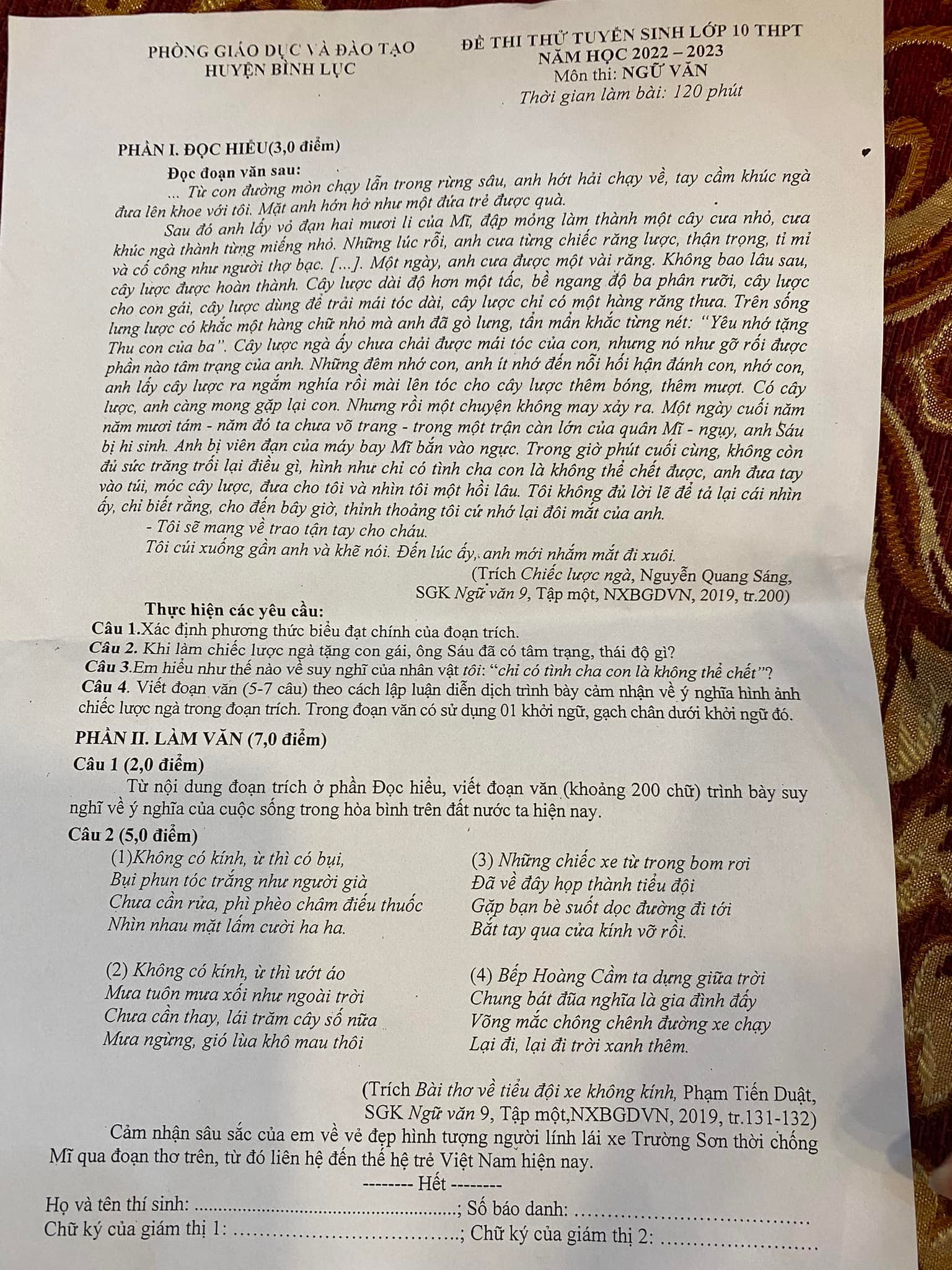 Đề thi thử vào 10 môn Văn