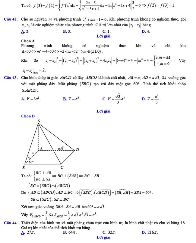 Đáp án đề thi thử THPT Quốc gia 2022 môn Toán Đề số 17