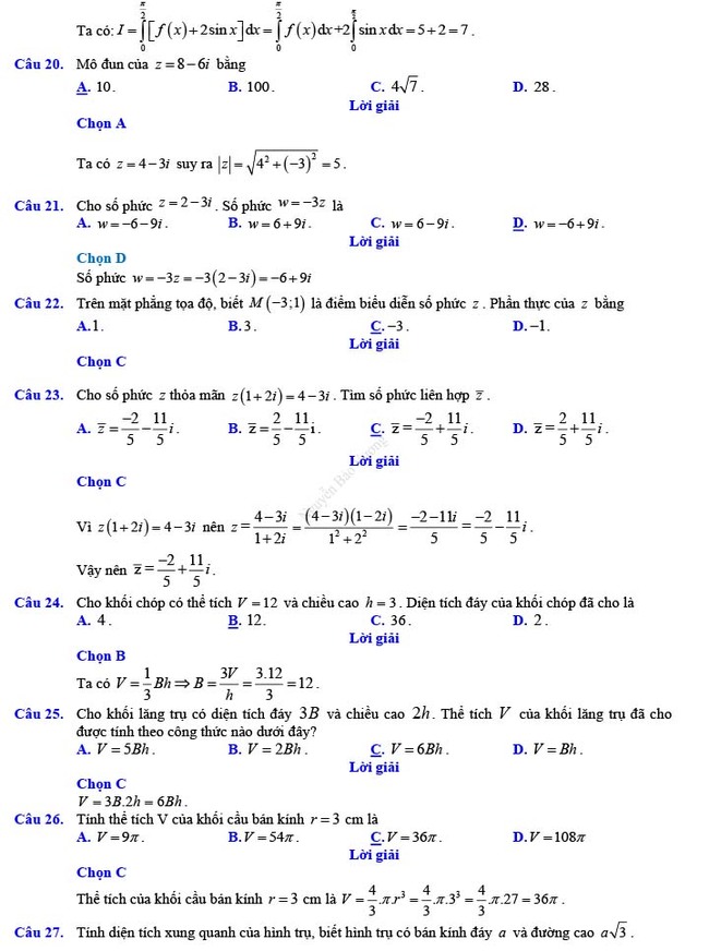 Đáp án đề thi thử THPT Quốc gia 2022 môn Toán Đề số 17