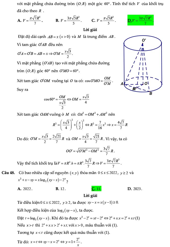 Đáp án đề thi thử THPT Quốc gia 2022 môn Toán Liên Trường - Hà Tĩnh