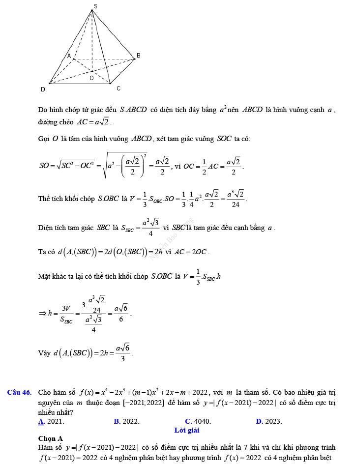 Đáp án đề thi thử THPT Quốc gia 2022 môn Toán Đề số 13