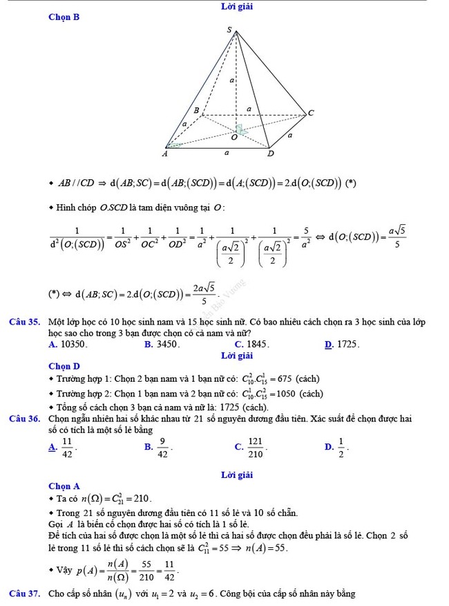 Đáp án đề thi thử THPT Quốc gia 2022 môn Toán Đề số 14