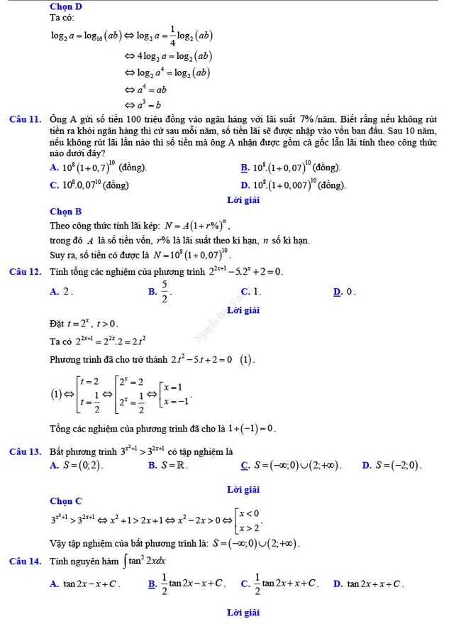 Đáp án đề thi thử THPT Quốc gia 2022 môn Toán Đề số 14