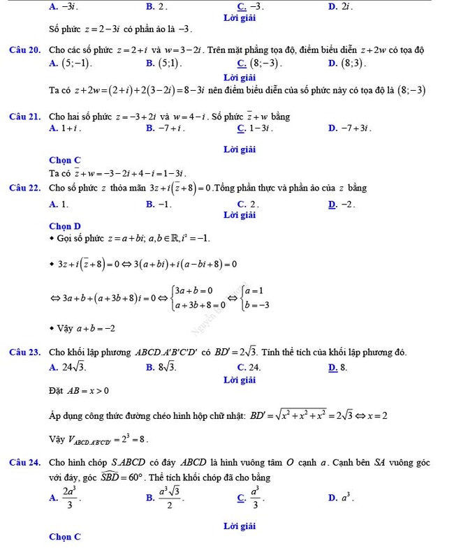 Đáp án đề thi thử THPT Quốc gia 2022 môn Toán Đề số 14