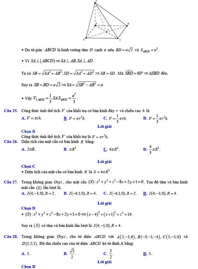 Đáp án đề thi thử THPT Quốc gia 2022 môn Toán Đề số 14