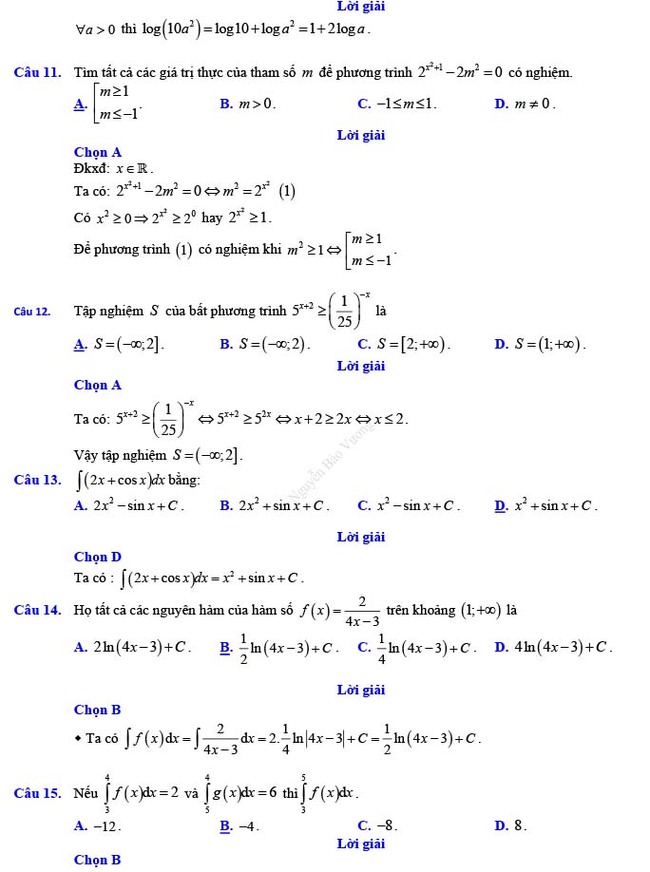 Đáp án đề thi thử THPT Quốc gia 2022 môn Toán Đề số 15