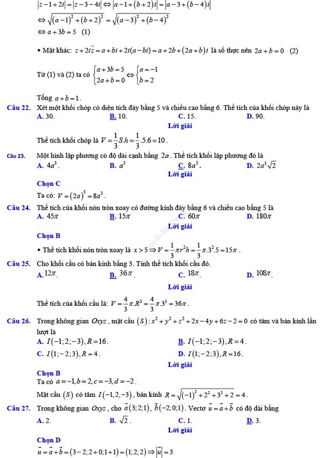 Đáp án đề thi thử THPT Quốc gia 2022 môn Toán Đề số 15