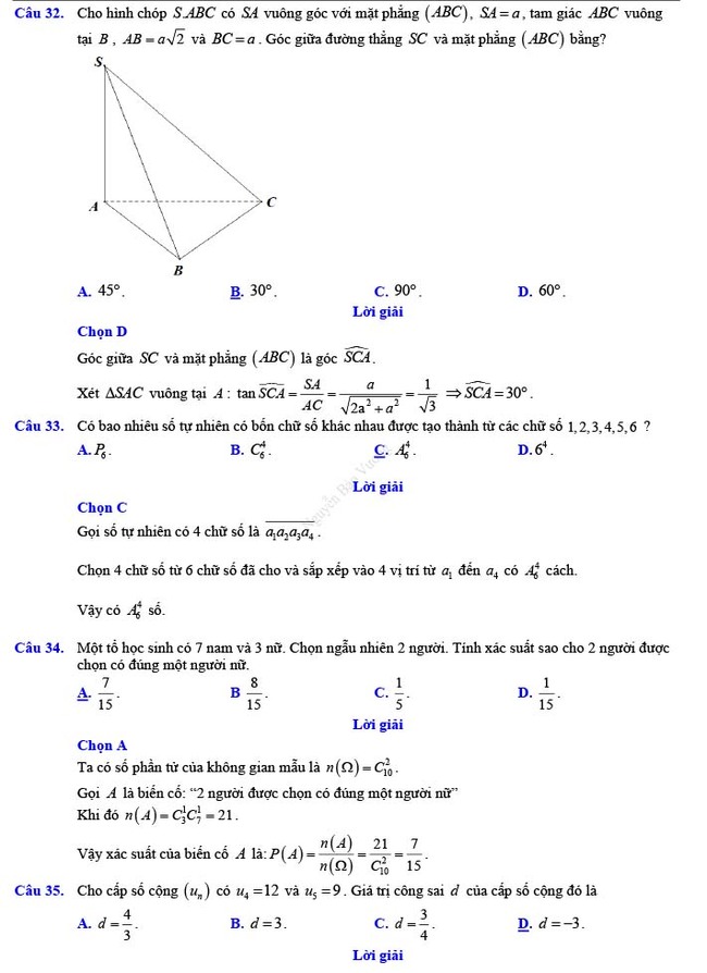 Đáp án đề thi thử THPT Quốc gia 2022 môn Toán Đề số 15