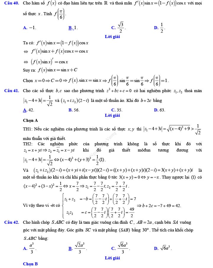 Đáp án đề thi thử THPT Quốc gia 2022 môn Toán Đề số 16