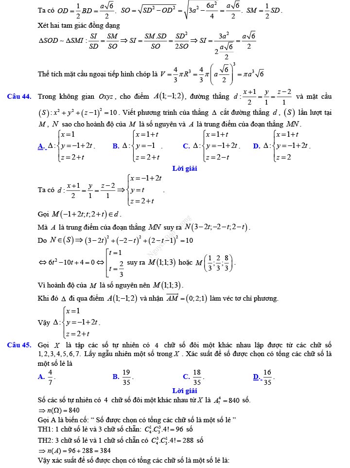 Đáp án đề thi thử THPT Quốc gia 2022 môn Toán Đề số 16