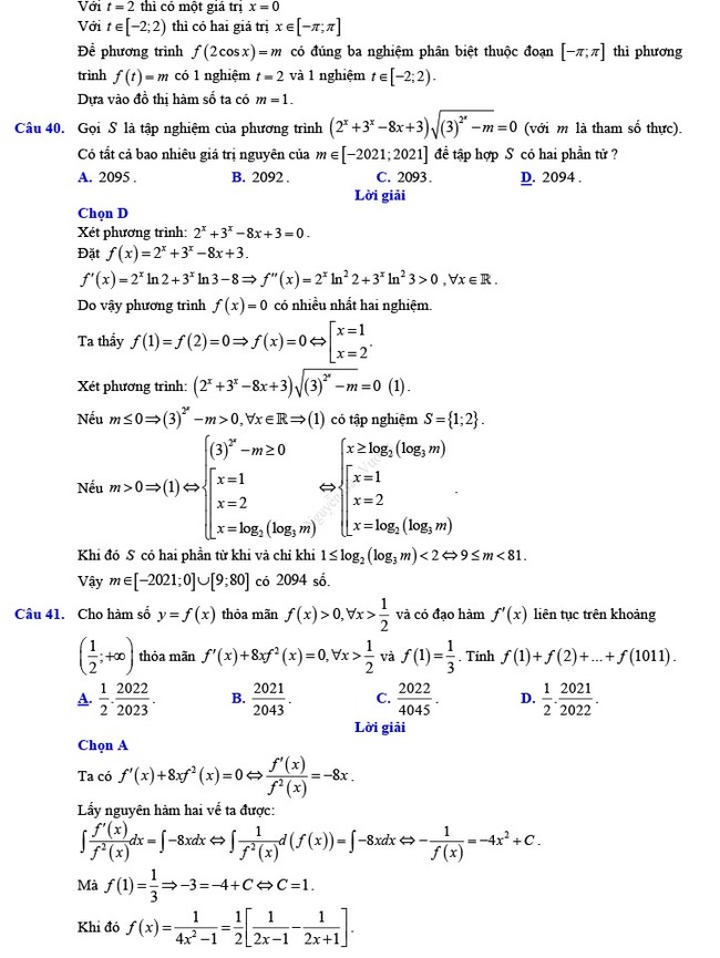 Đáp án đề thi thử THPT Quốc gia 2022 môn Toán Đề số 18