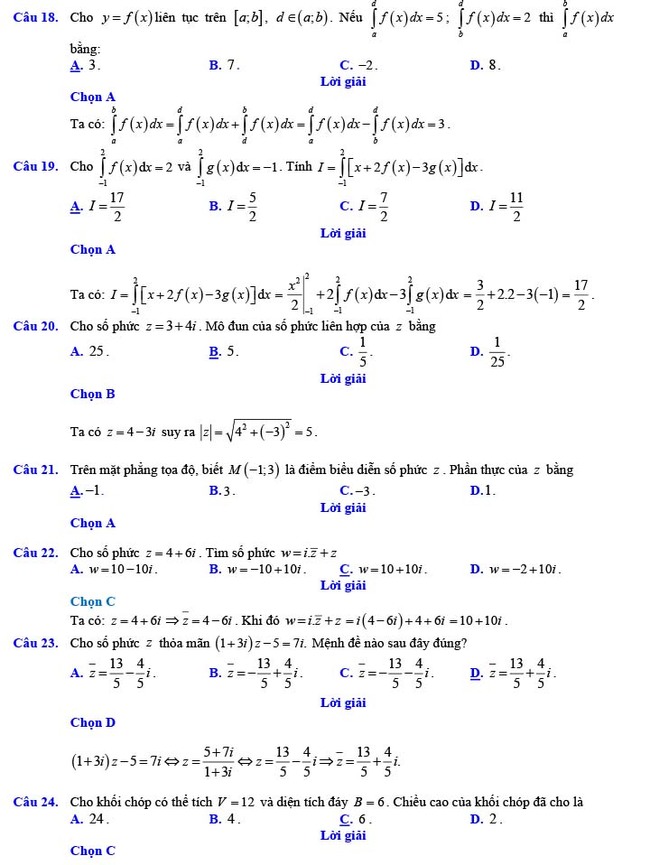 Đáp án đề thi thử THPT Quốc gia 2022 môn Toán Đề số 18