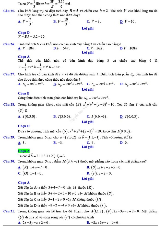 Đáp án đề thi thử THPT Quốc gia 2022 môn Toán Đề số 18