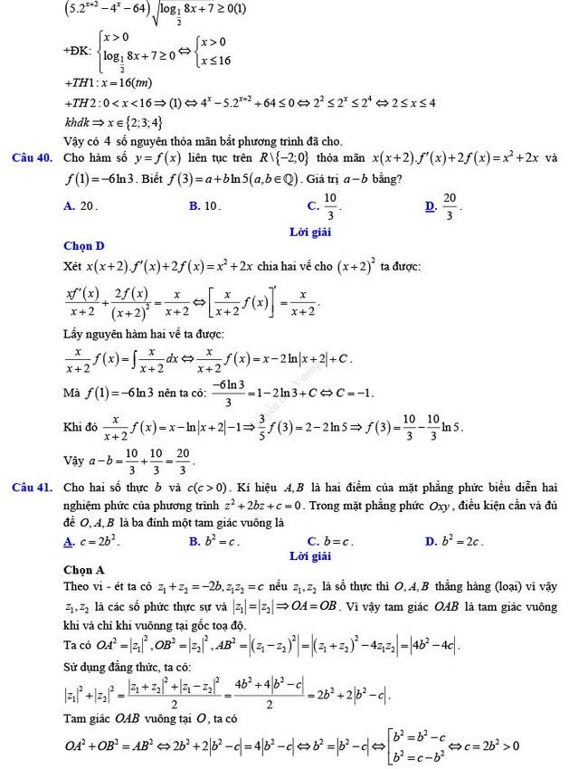 Đáp án đề thi thử THPT Quốc gia 2022 môn Toán Đề số 20